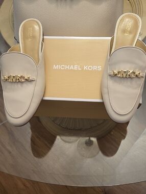 Michael Kors Cream Leather Backless Loafers with Gold MK Accent